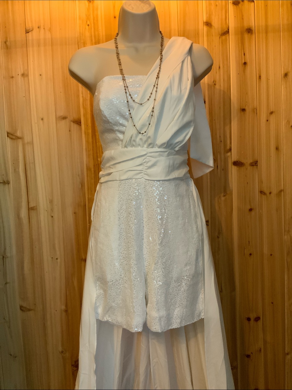 White One-Shoulder Sequin Romper with Sheer Overlay - Picture 3 of 3
